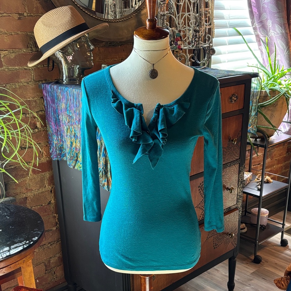 Ruffled V-Neck Womens Top in Teal
